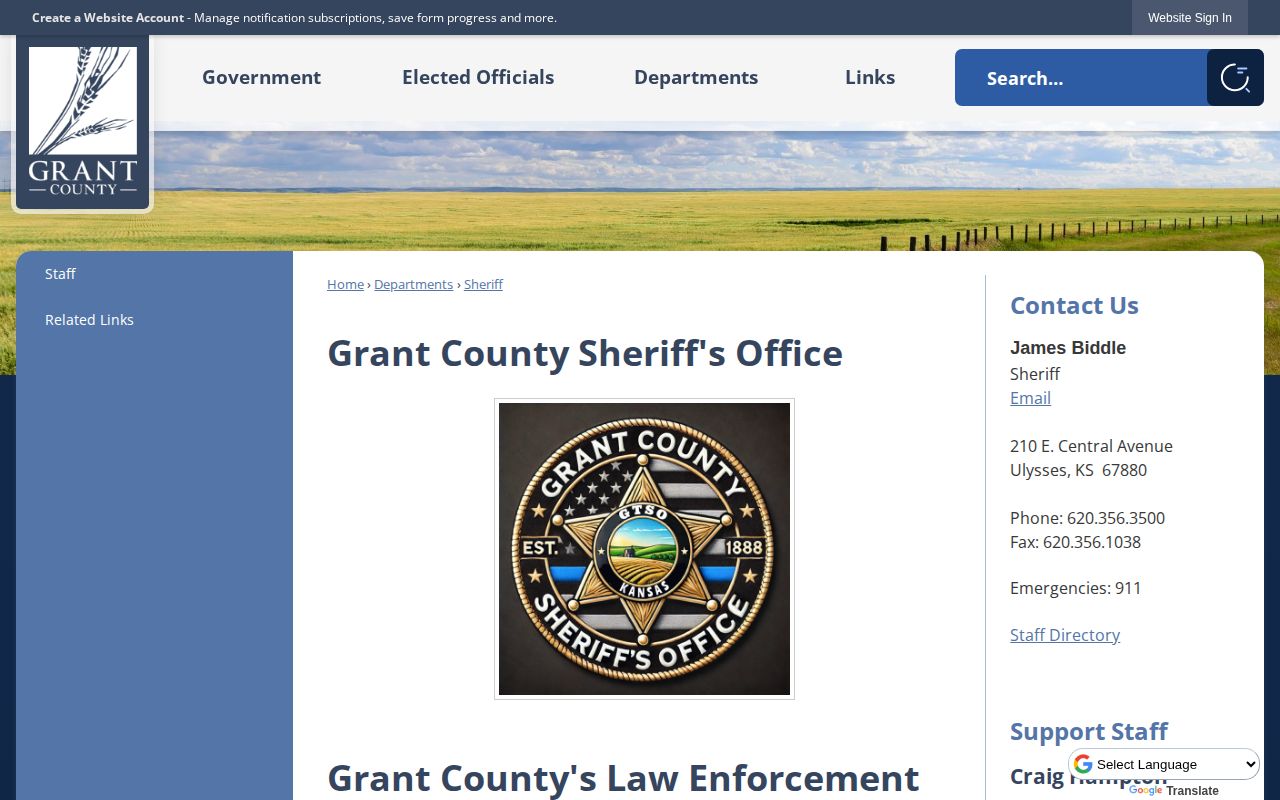 Grant County Sheriff's Office booking record and jail contact page