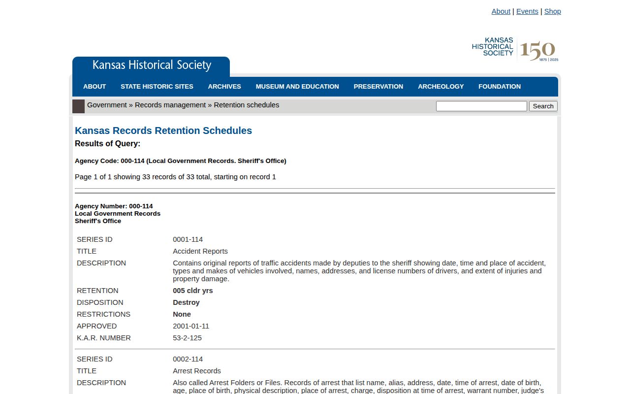 Kansas sheriff retention schedule for older Grant County mugshot records